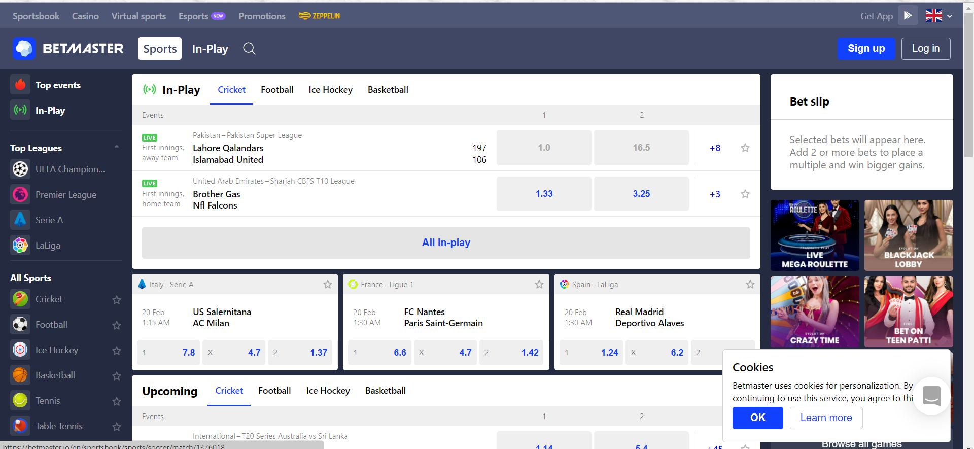 Website page of Betmaster, showing the page for Sportsbook