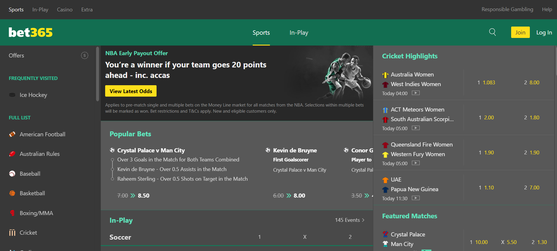 Homepage of Bet365 betting website for sports offering live as well pre-match betting to all its customers.