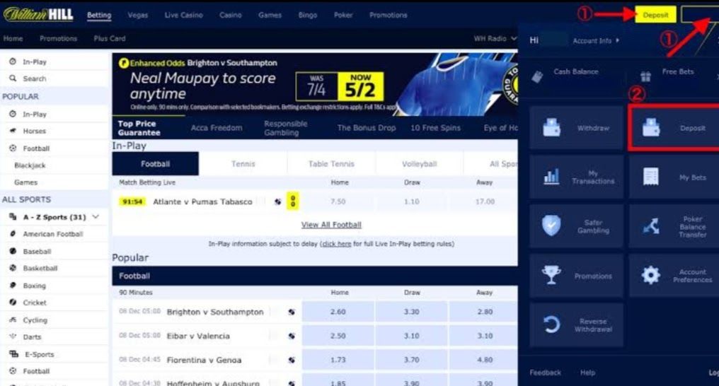 Image showing the betting odds available and a red arrow at the top corner pointing to the account dashboard.