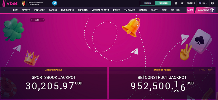 The homepage of the Vbet betting site