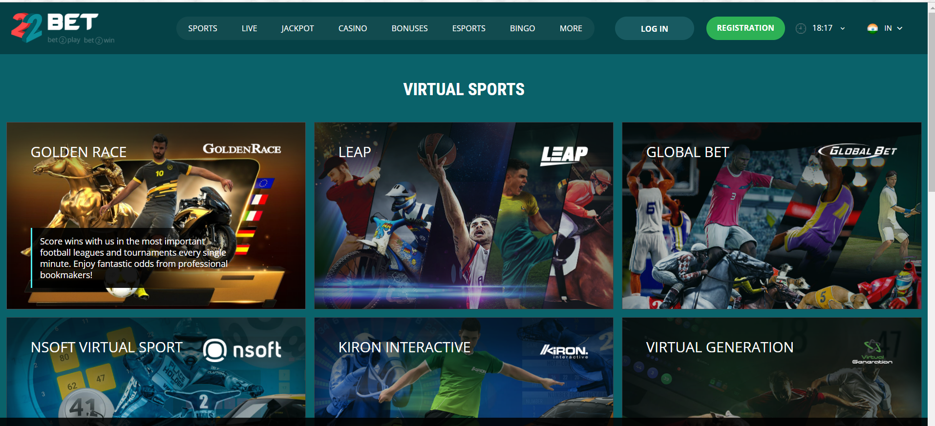 Webpage of the 22BET company, showing the virtual sports page.