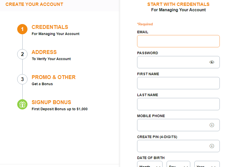 An image of the MyBookie sign-up form