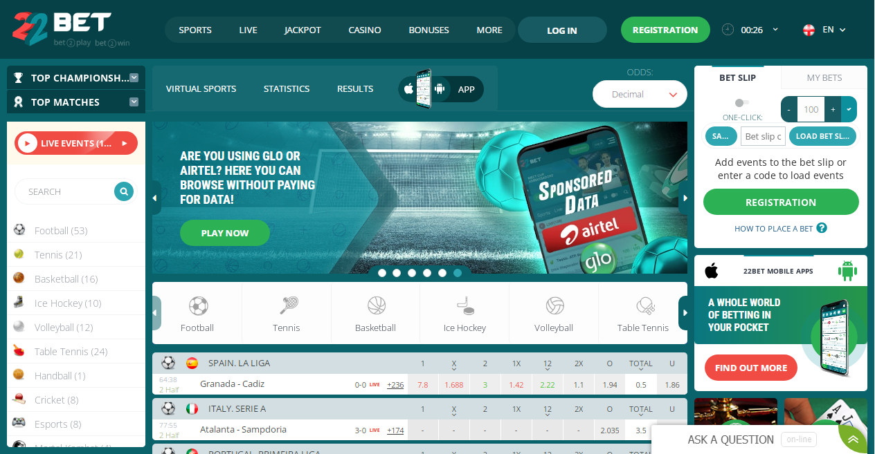 An image of the  22Bet homepage