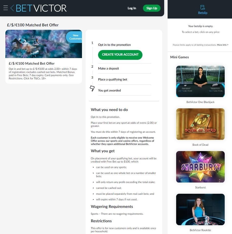 Screenshot of BetVictor site