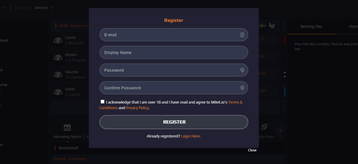 Mbet.io registration form for the new customers