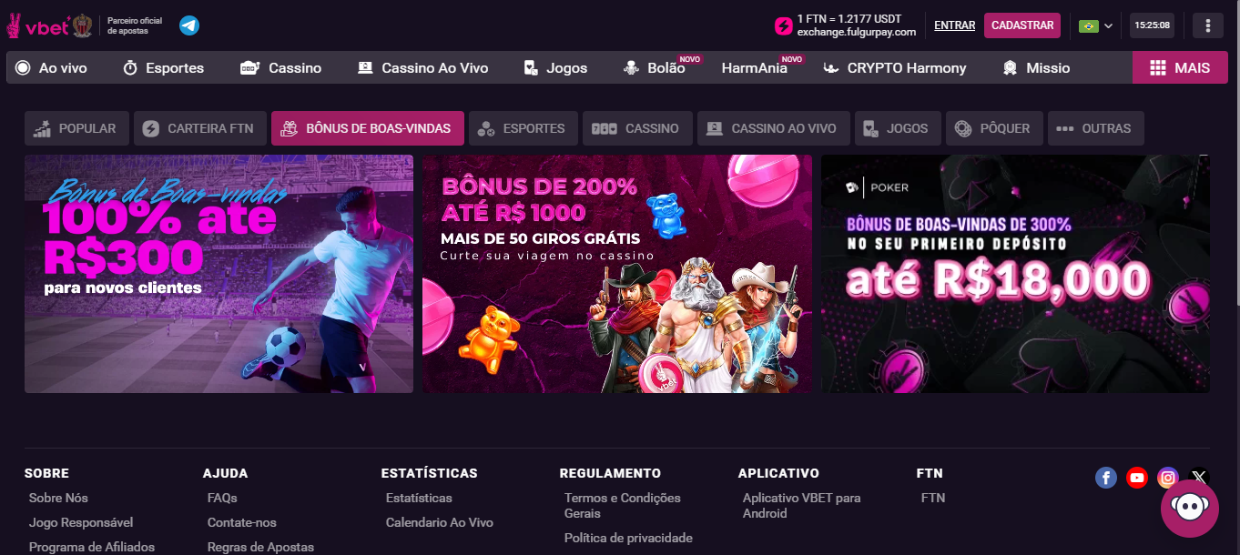 Página da plataforma da Vbet na versão desktop, com exemplos de alguns Bônus de boas vindas disponíveis no site.