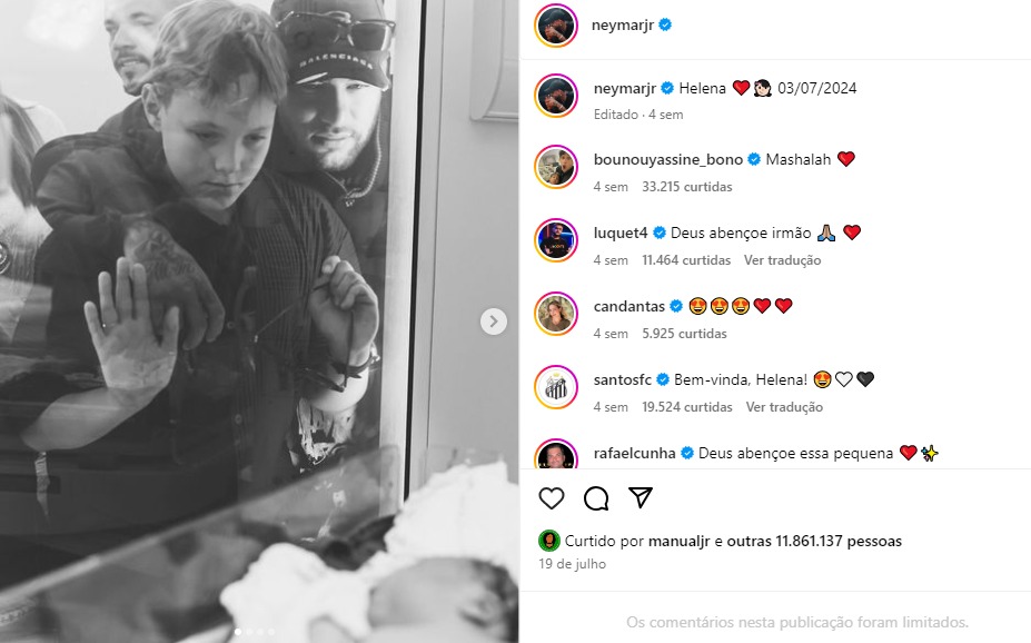 Neymar posta foto com seu filho Davi e sua filhinha Helena, fruto de sua relação com Amanda