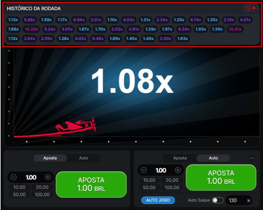 Histórico de rodadas do Aviator