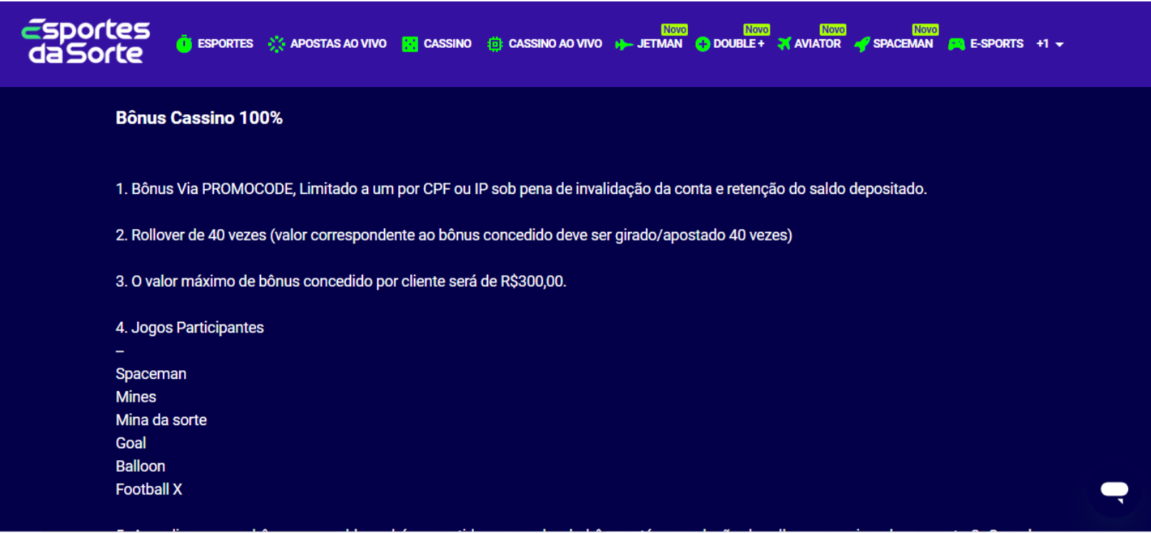 Página de bônus de Esportes da Sorte Brasil