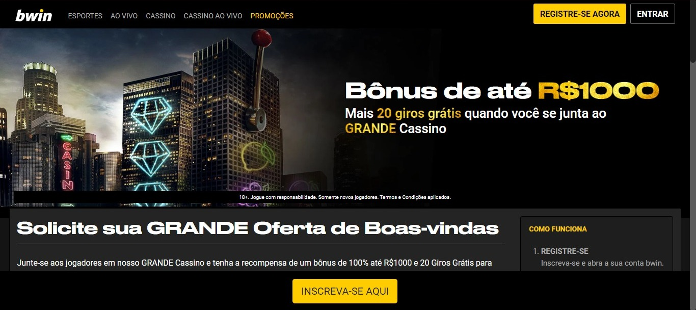 Página da plataforma da Bwin na versão desktop, com exemplos de algumas promoções disponíveis no site.