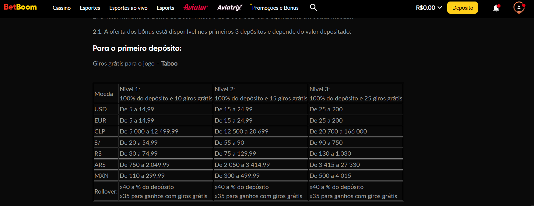 Regras de pagamento do primeiro depósito da BetBoom