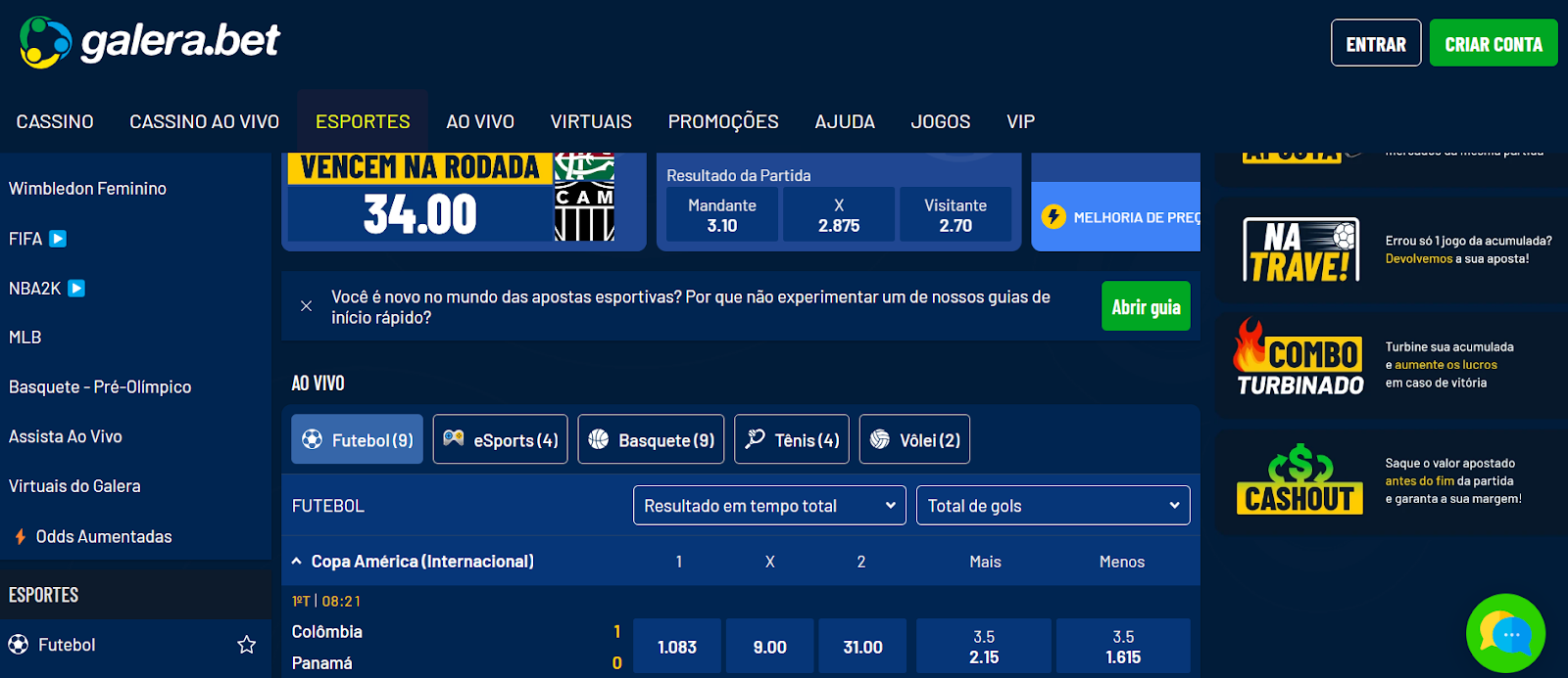 Página de esportes da Galera Bet