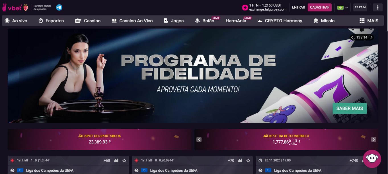 Página da plataforma da Vbet na versão desktop, com o Programa de fidelidade disponível no site.