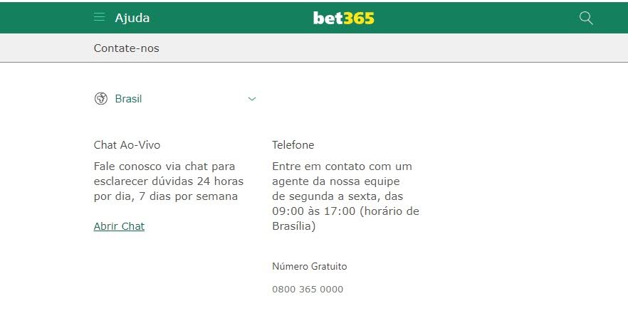 Contato para suporte da Bet365