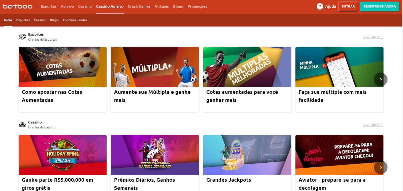 Ofertas disponíveis no site da Betboo Cassino