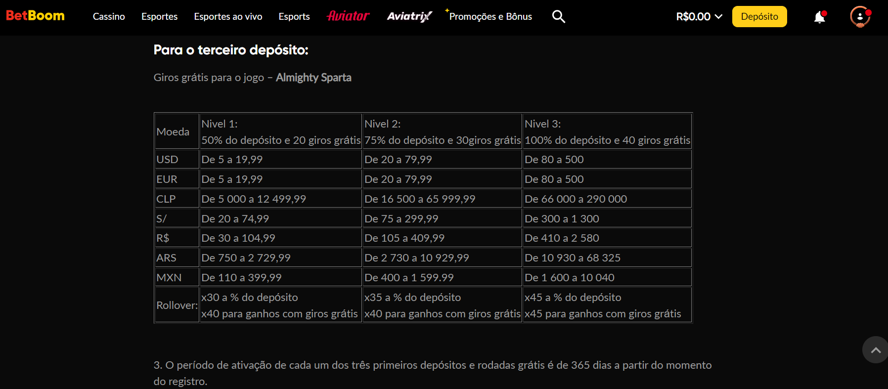 Regras de pagamento do terceiro depósito da BetBoom Brasil