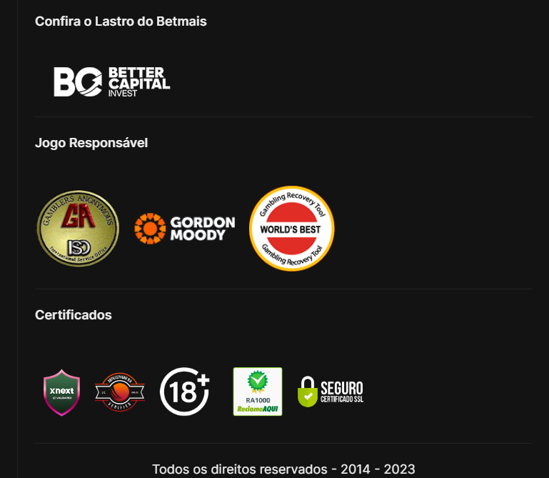 Página do site da BetMais com seguros e certificados