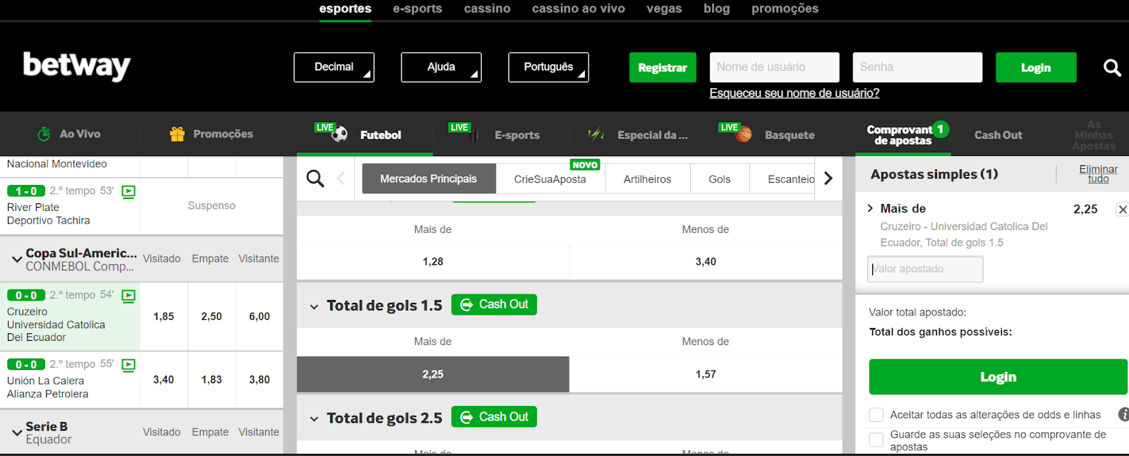 Odd de mais de 1,5 gols na Betway