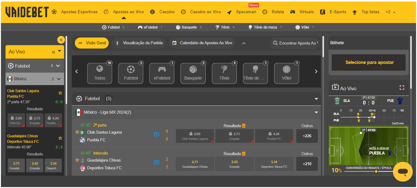 Página principal da seção de apostas ao vivo na versão desktop.