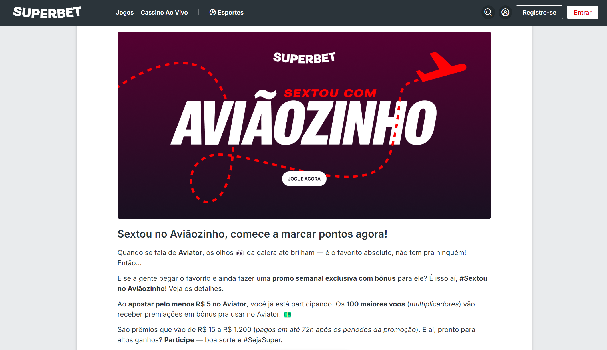 Promo do Aviator na Superbet