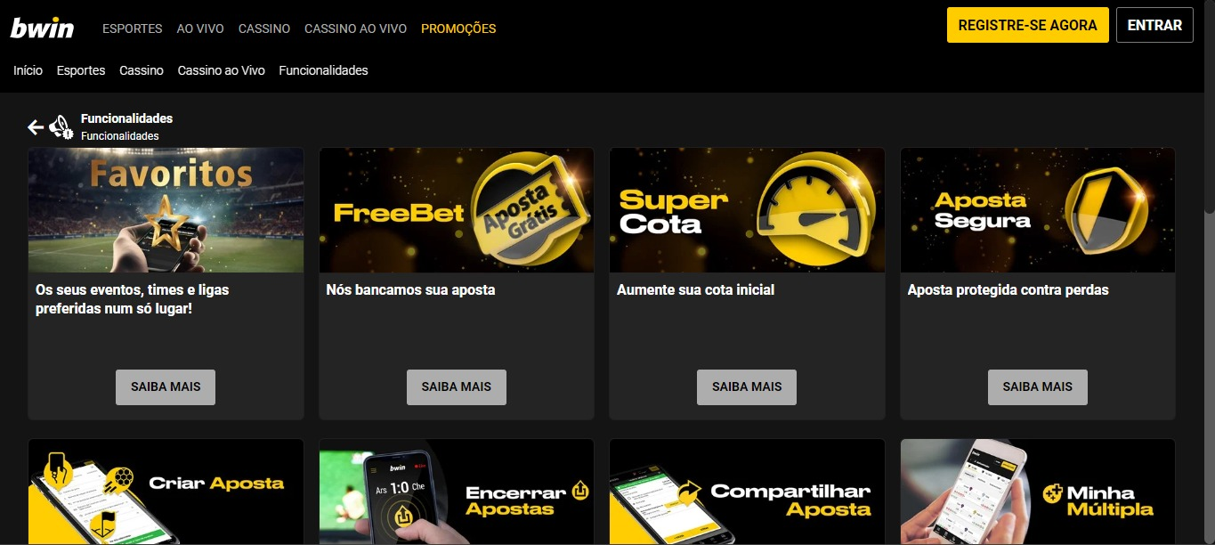 Página da plataforma da Bwin na versão desktop, com exemplos de algumas promoções disponíveis no site.