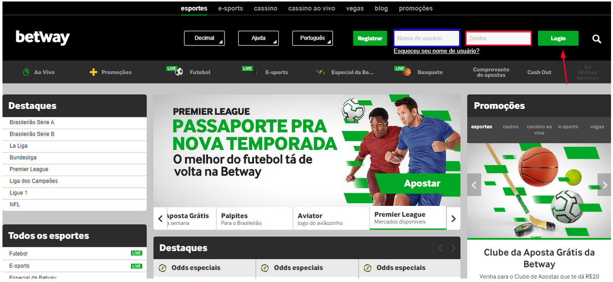 Imagem mostrando o passo inicial para realizar login na Betway