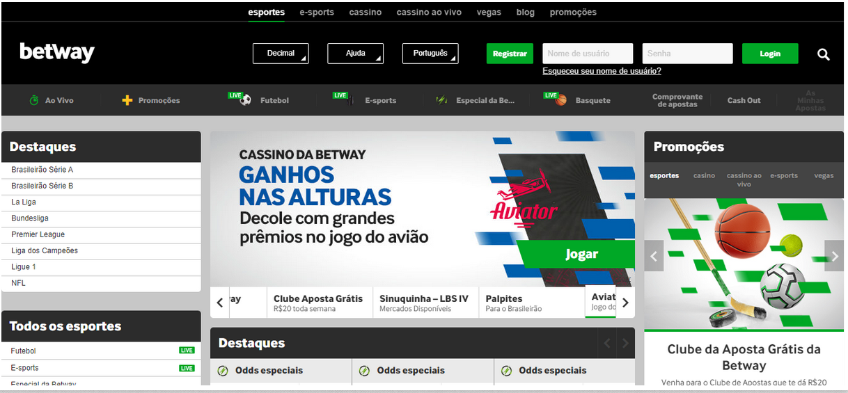 Imagem da página inicial do site da Betway