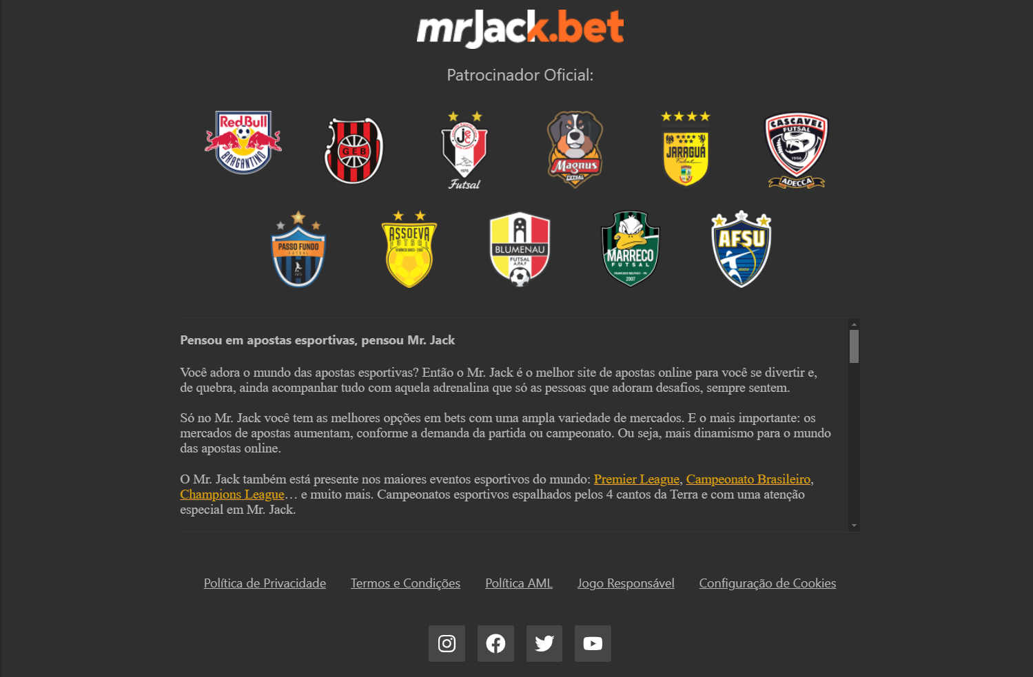 Página inicial da Mr. Jack Bet