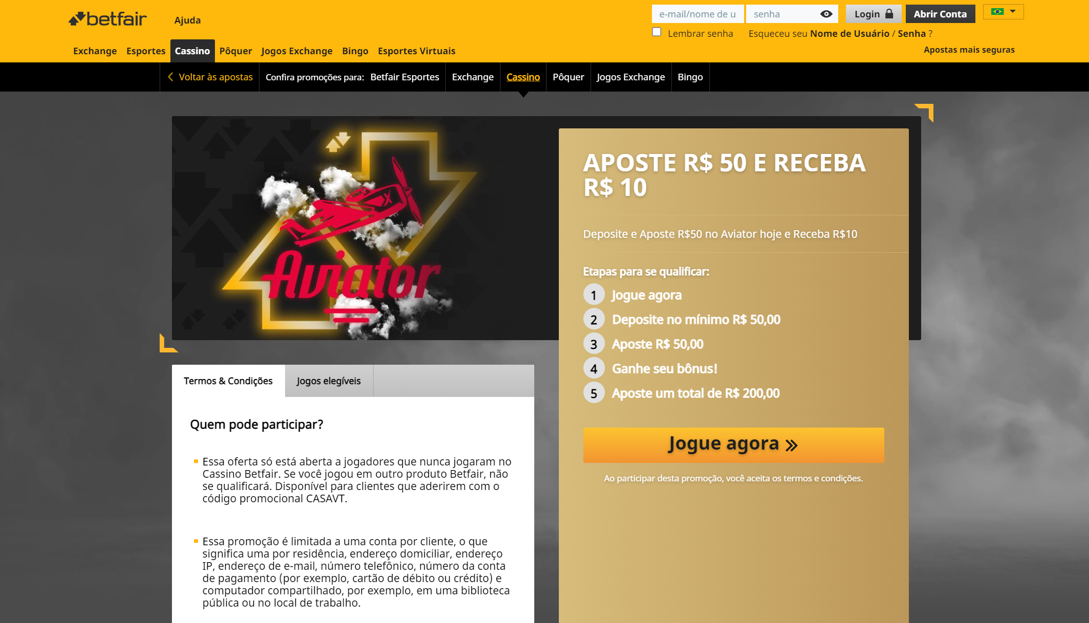 Promo do Aviator na Betfair