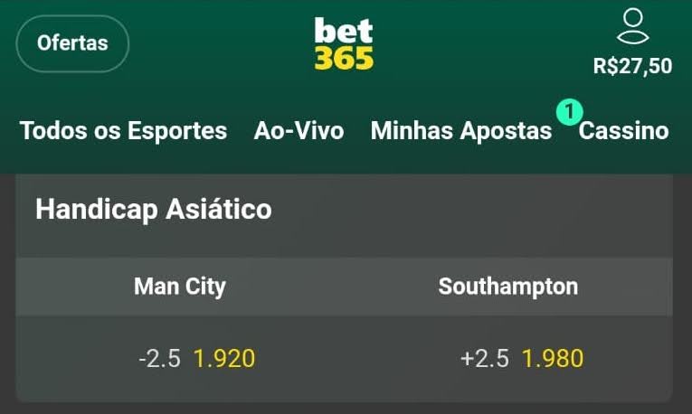 Handicap na Bet365 Man City x Southampton