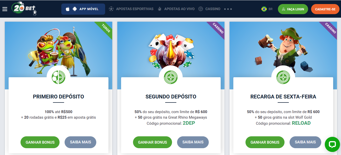 Imagem contendo os bônus e promoções oferecidas pela 20Bet