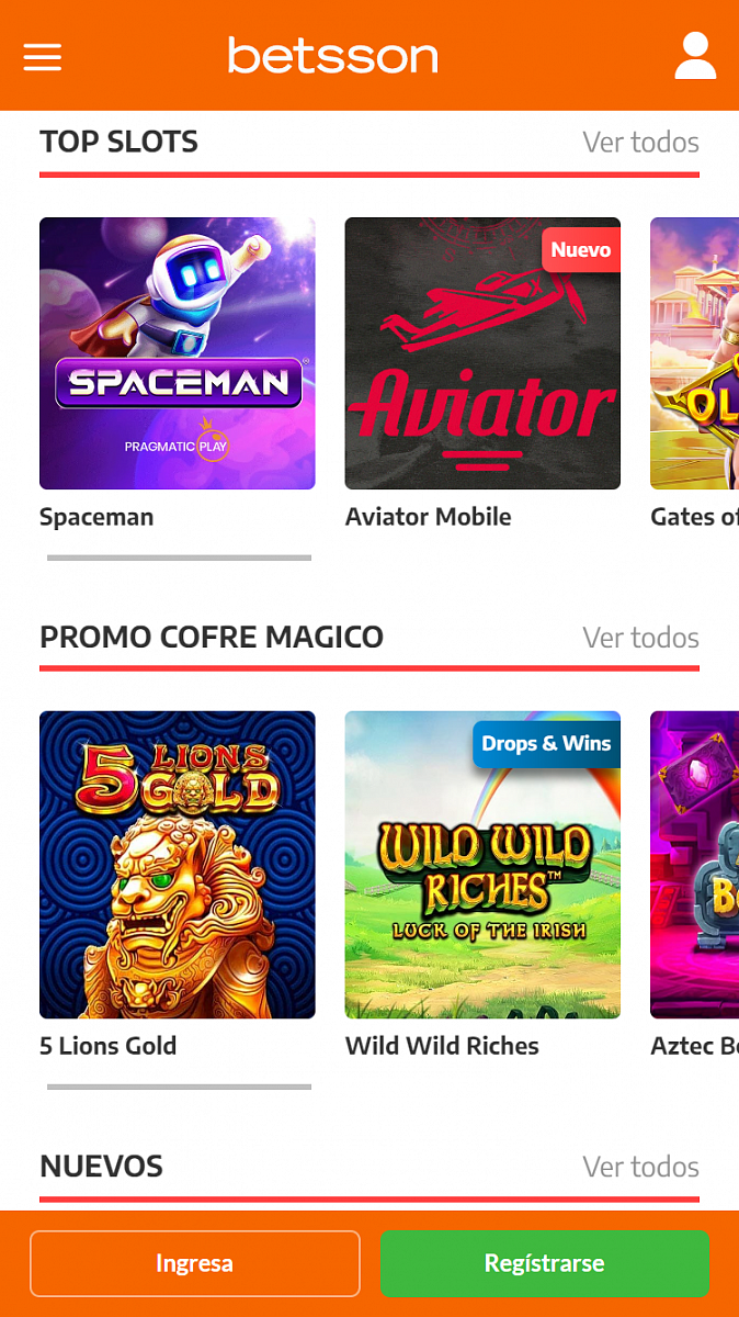 Sección de casino de Betsson, juegos y aviator