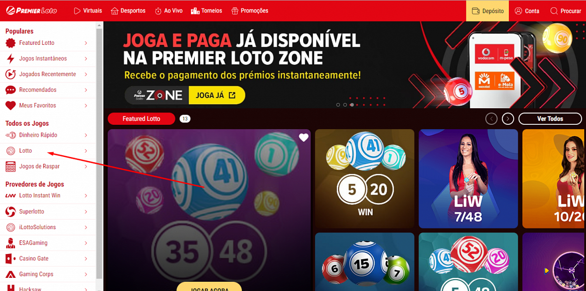  Página inicial da Premier Loto Moçambique