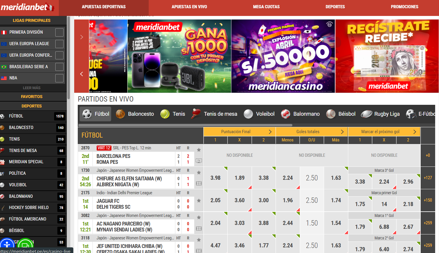 Imagen del sitio web Meridianbet Perú con sus categorías de deportes, casino, promociones, apuestas deportivas