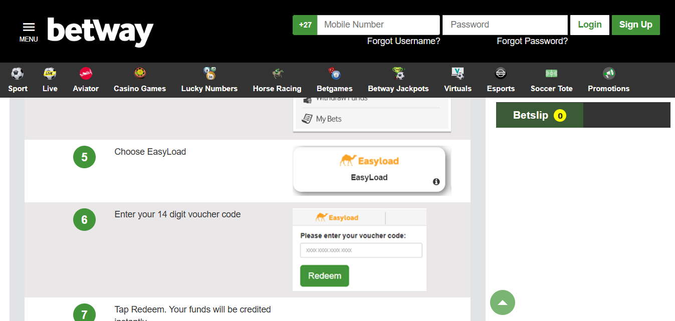 Betway South Africa Easy Load Deposit