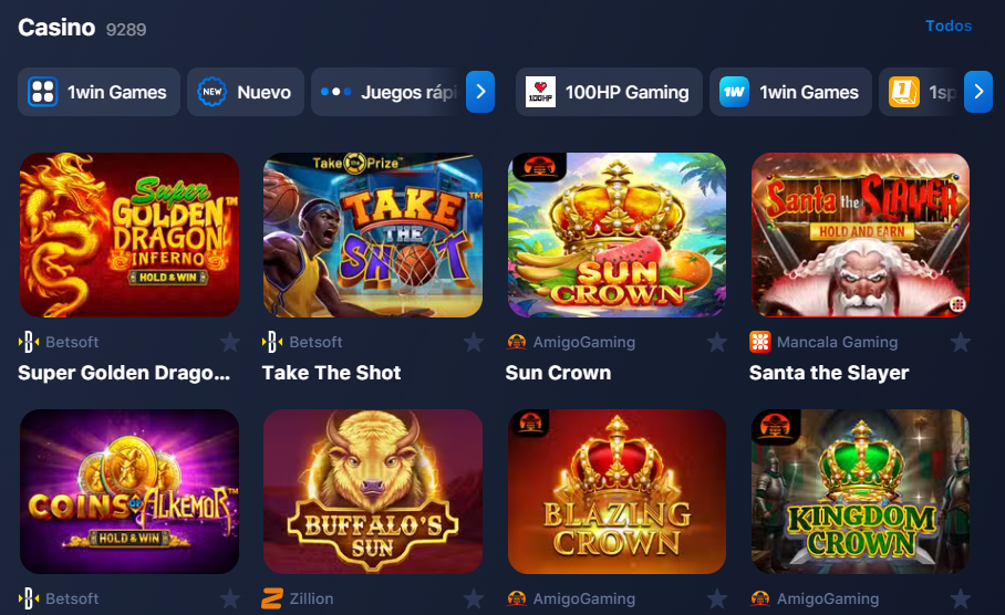 Imagen que muestra las opciones de juegos de casino 1win disponibles, incluyendo tragamonedas y juegos de mesa.