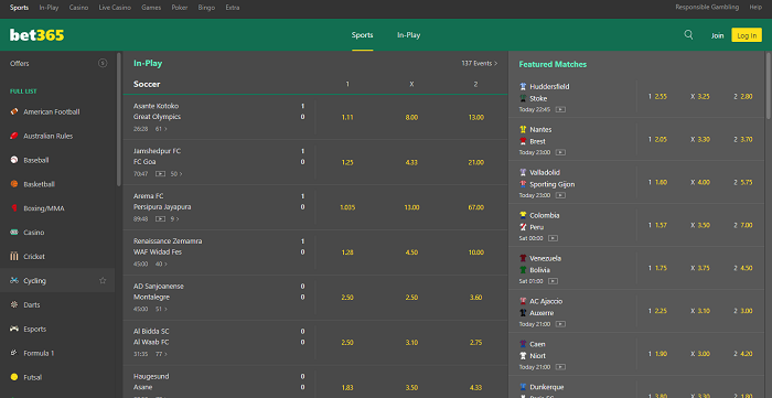 The homepage of Bet365 betting site