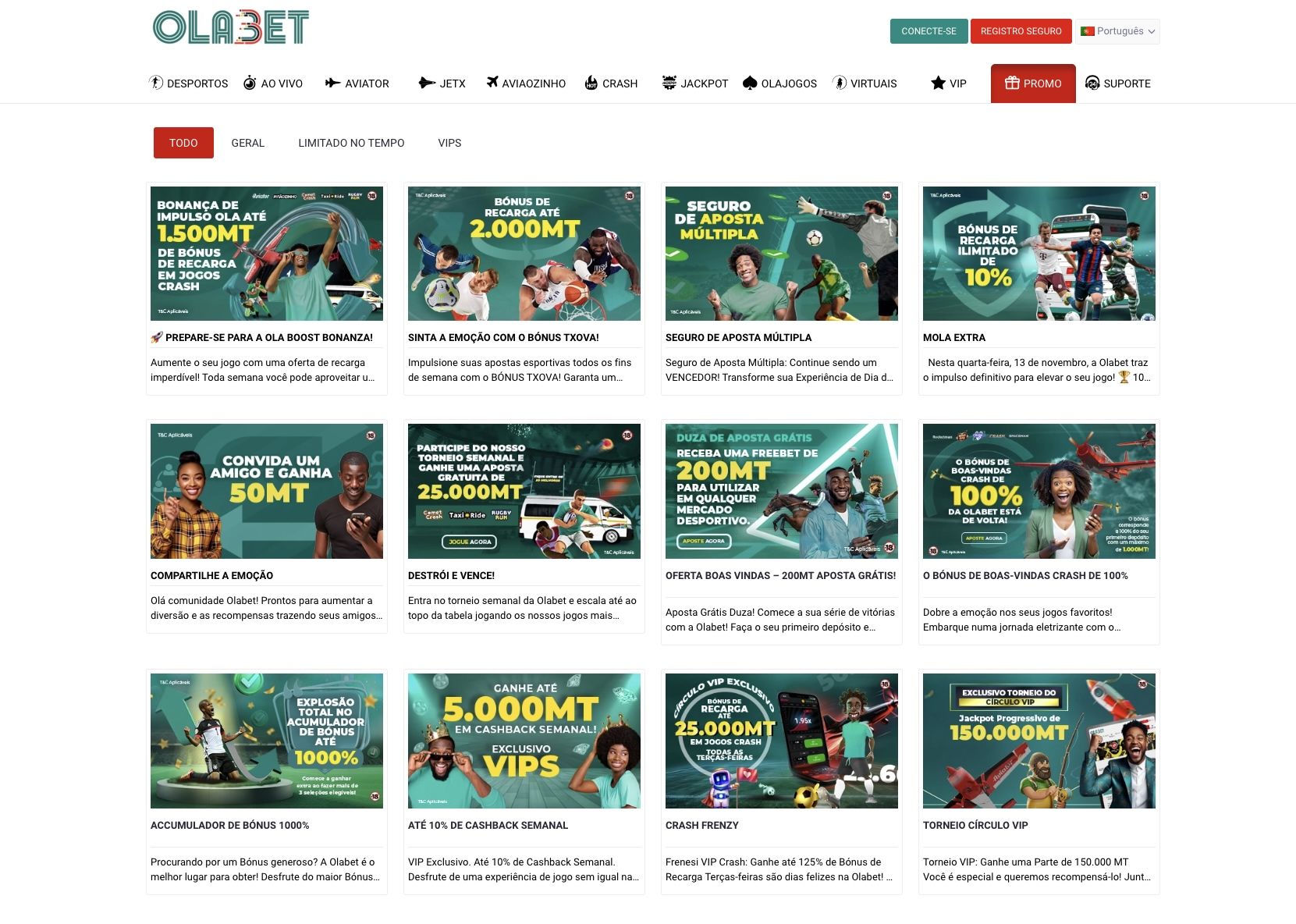 Captura de ecrã da secção ‘promoções’ do site da Olabet