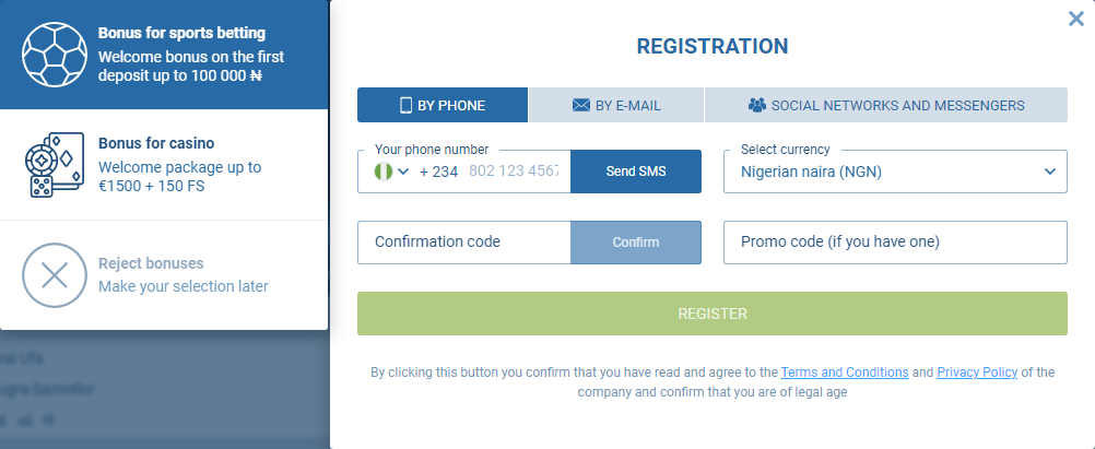 An image of the 1XBet sign-up by phone form