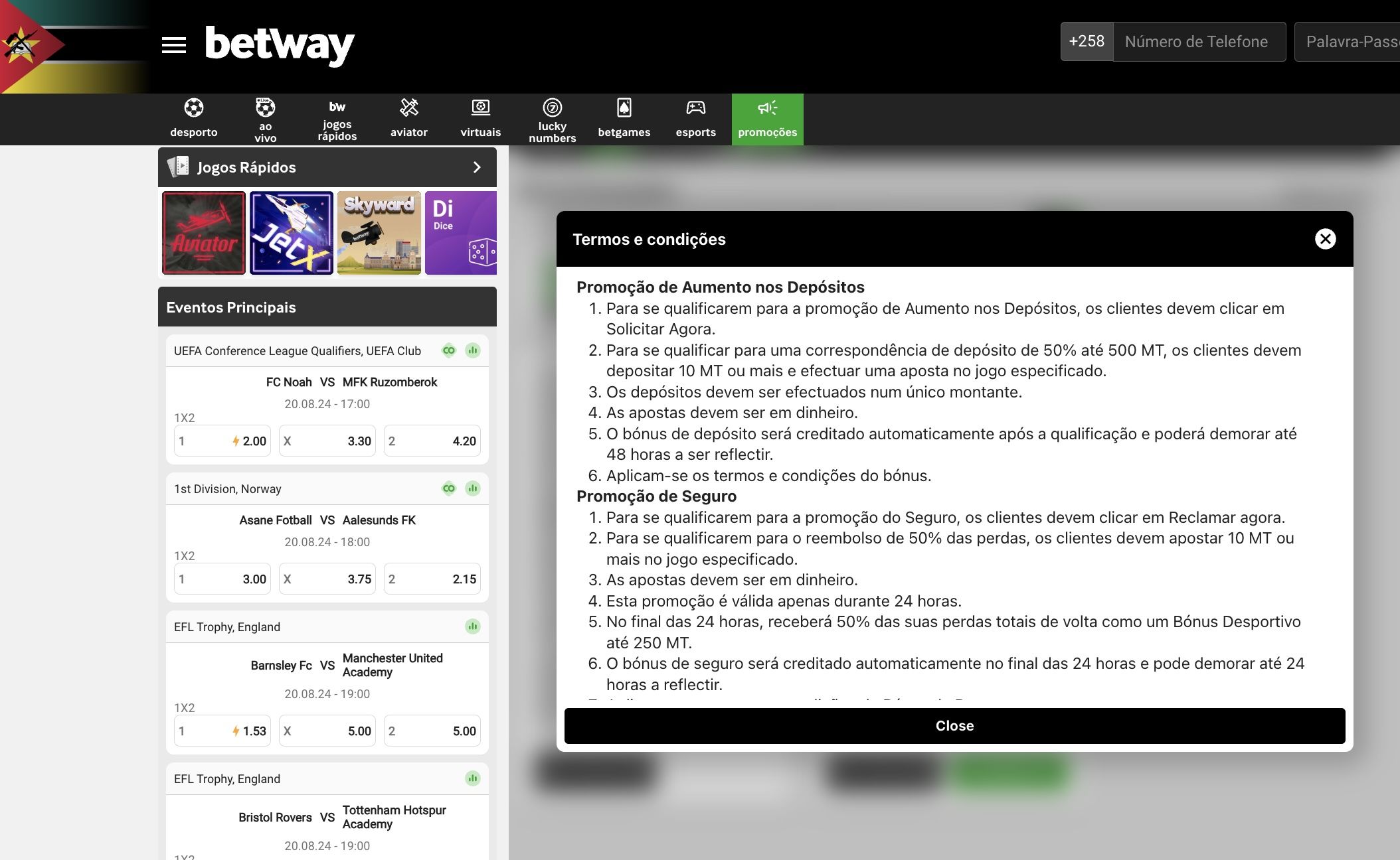 Secção de bónus na Betway