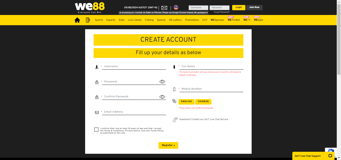 We88 Registration Process