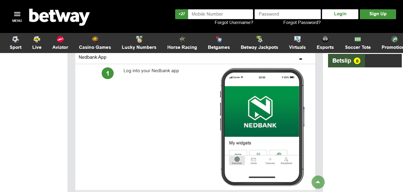 Betway South Africa NedBank EFT Deposit