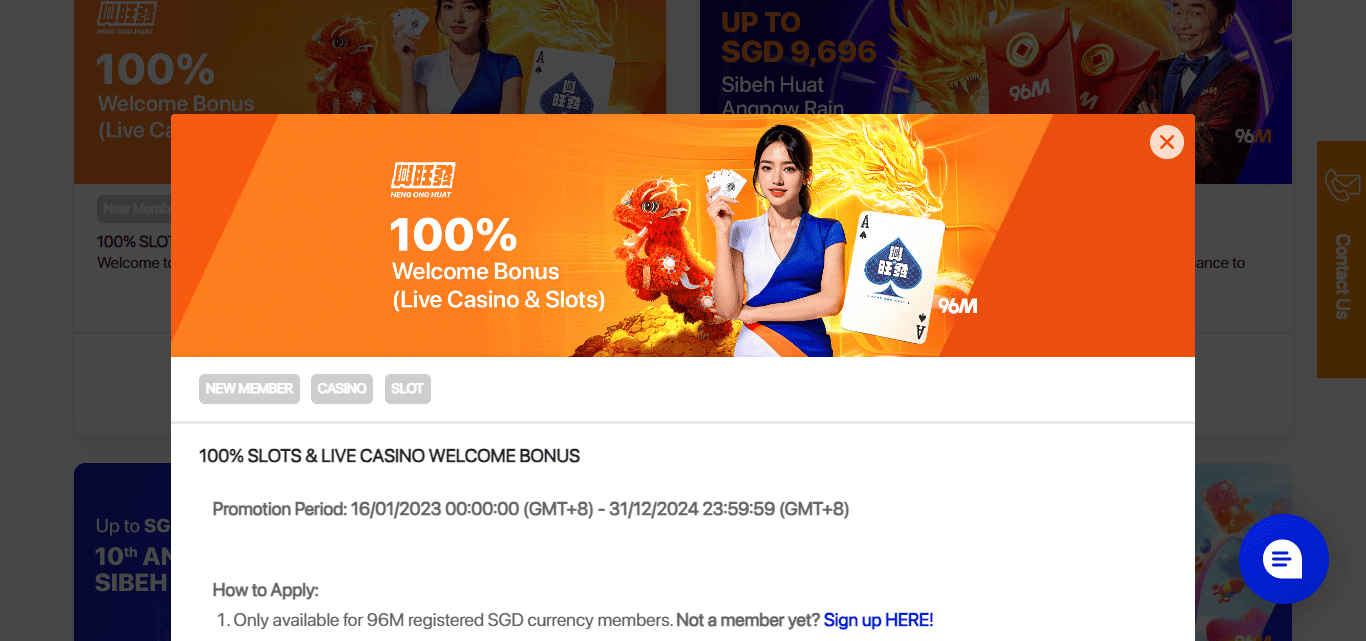 96M Casino Asia Welcome Bonus 100%