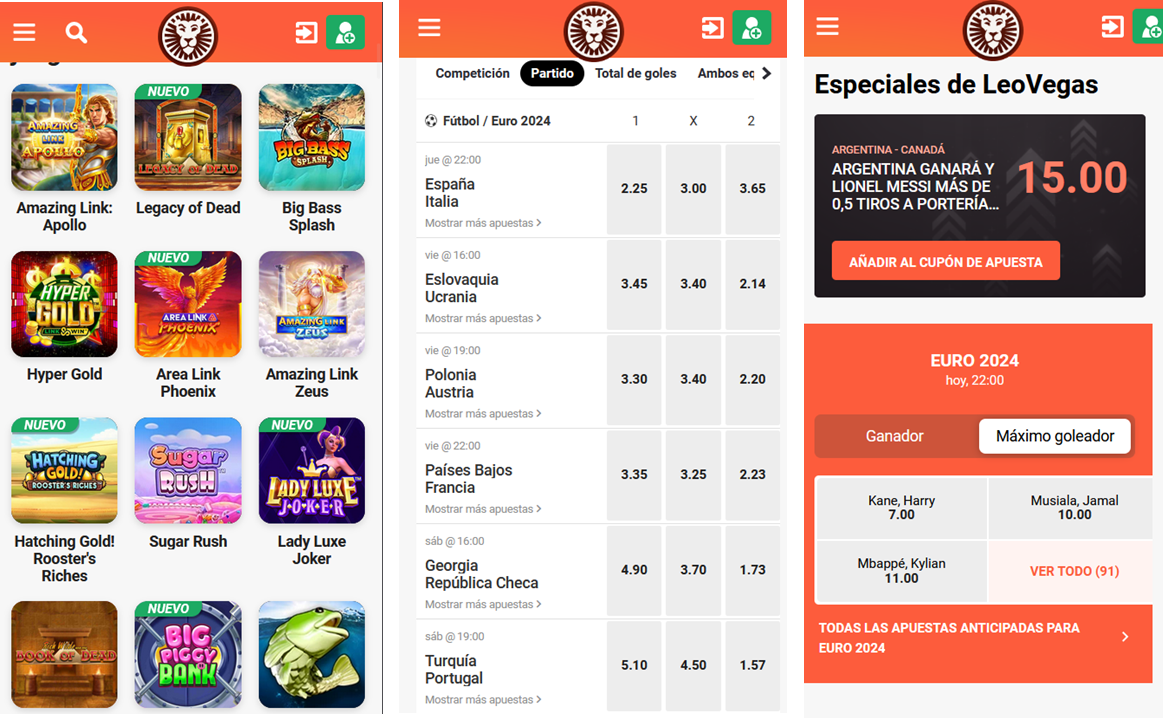 Imagen que muestra tres screenshots de app código promocional leovegas 2024