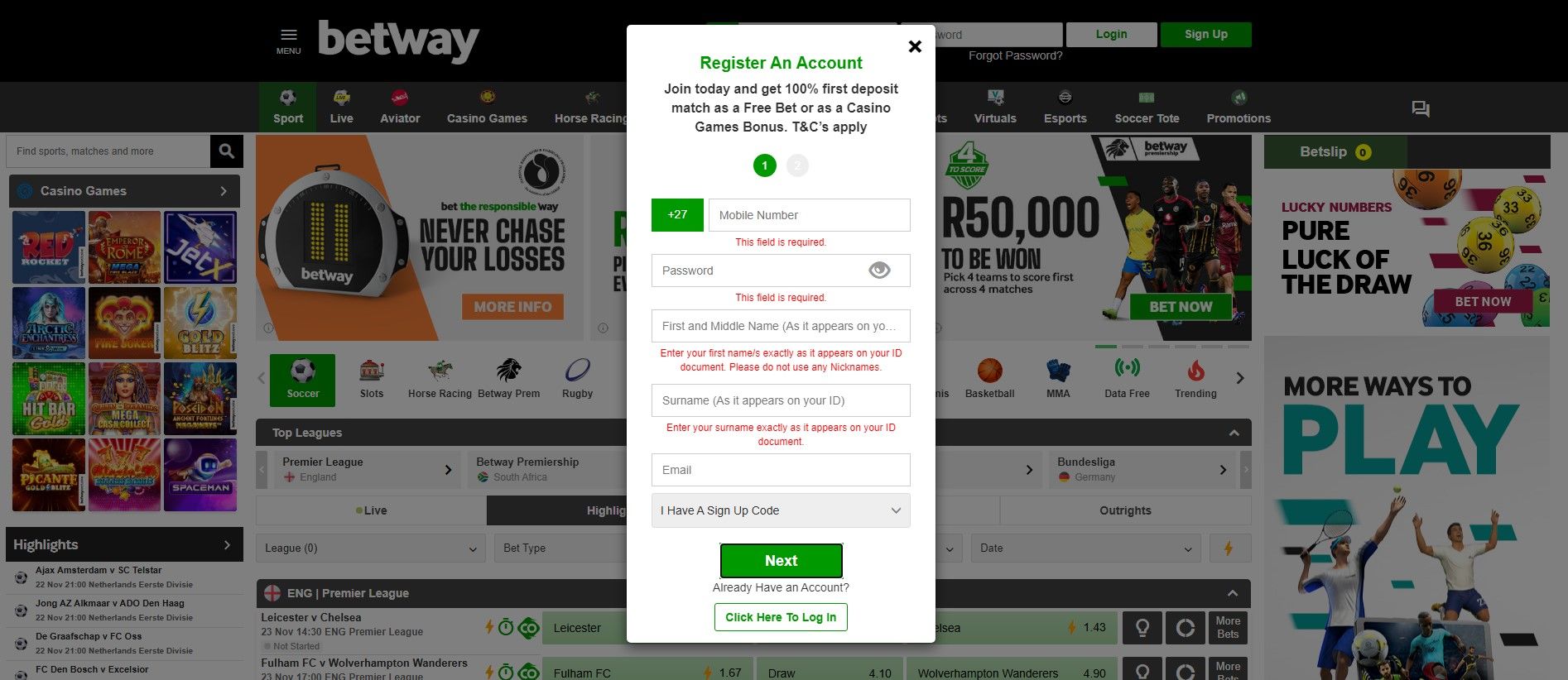 Betway South Africa Sign Up