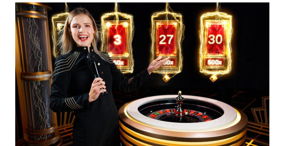 An image showing a live dealer, wheel, and lucky numbers in lightning roulette