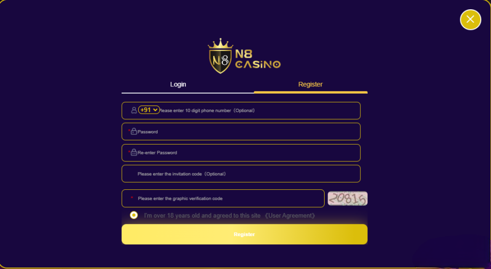 Registration page of N8 casino