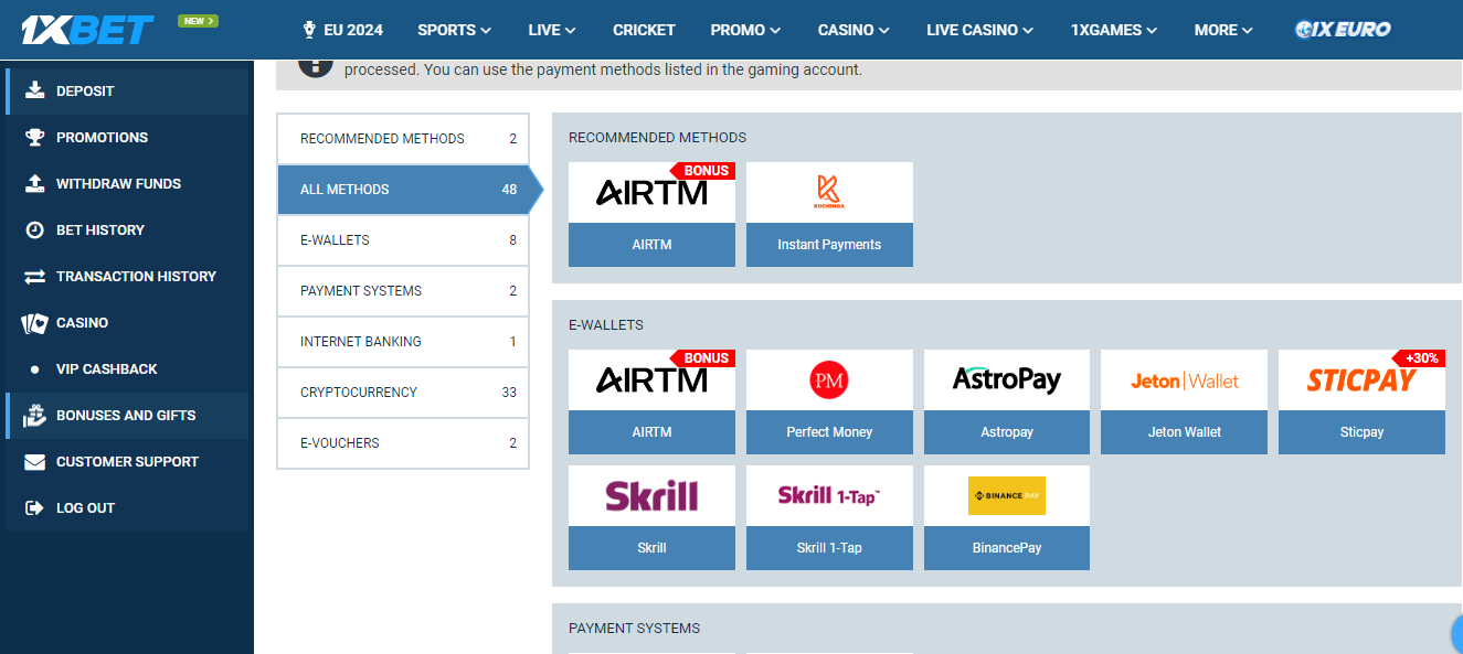 1xBet Aviator Payment Methods