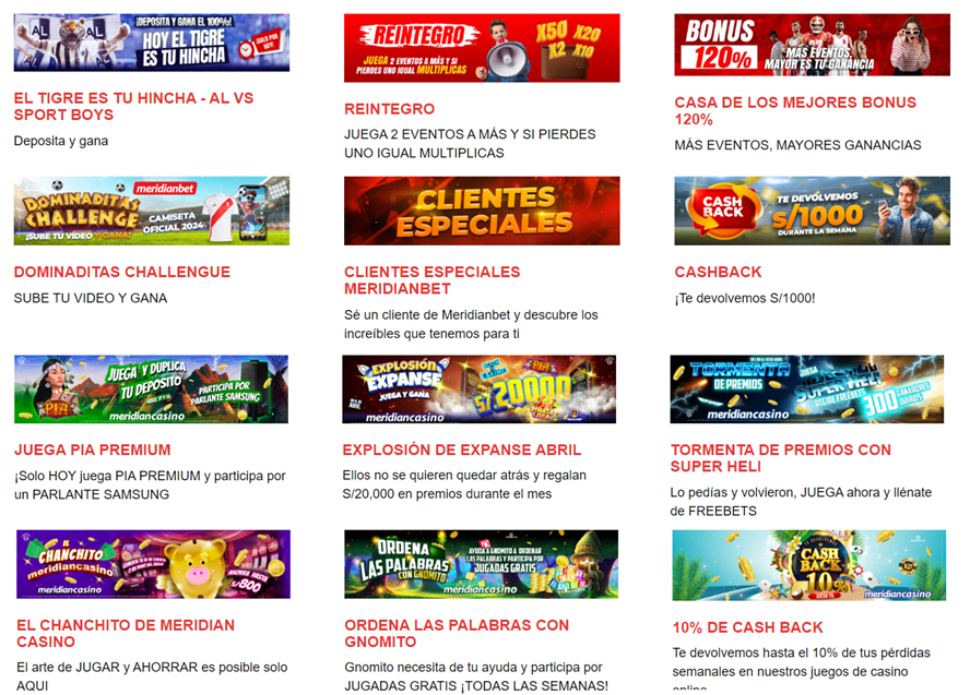 Parte de bonos y promociones disponibles para casino y deportes Meridianbet Perú