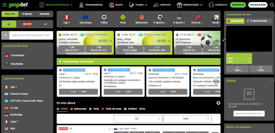 Se muestra la página principal de apuestas deportivas en Gangabet